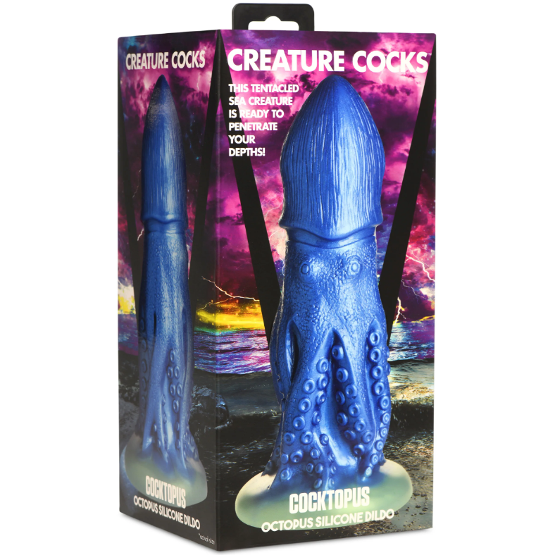 Blue octopus creature silicone dildo with tentacles and suction cup.