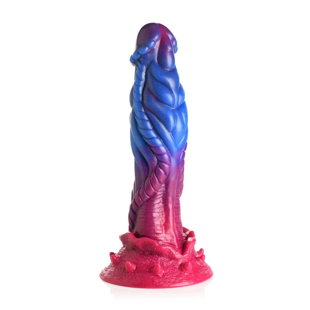 Alien-themed silicone dildo with blue, purple, and pink colors and a suction cup base.