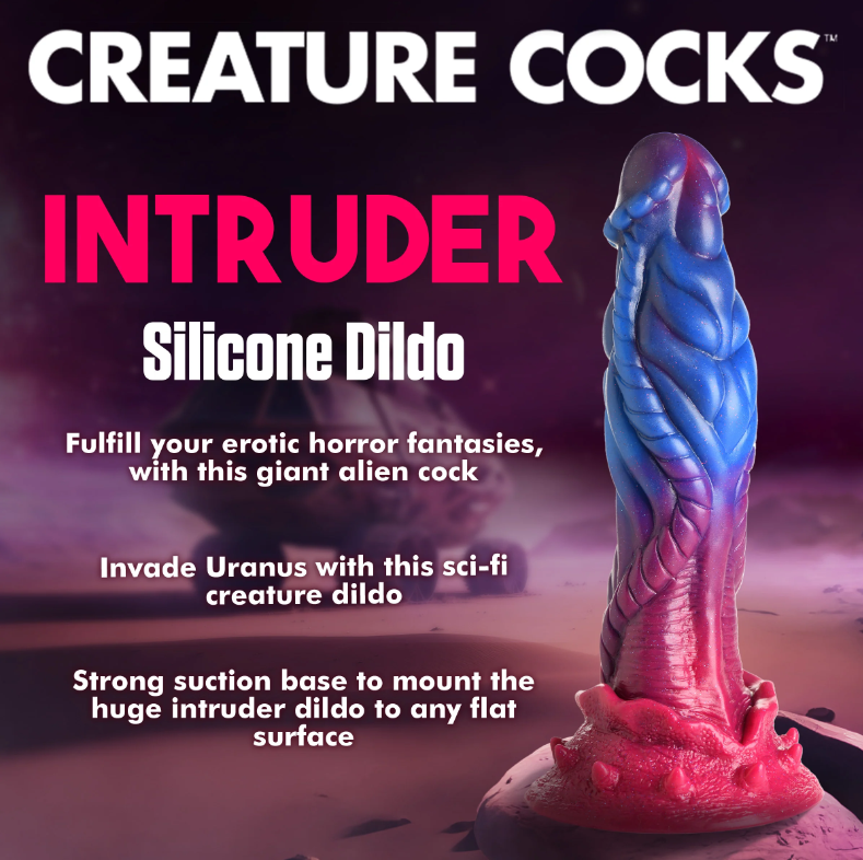 Blue and pink alien-shaped silicone dildo with a suction cup base.