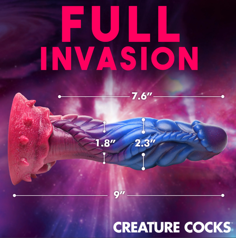 Alien-themed silicone dildo with suction cup, measuring 9 inches long.