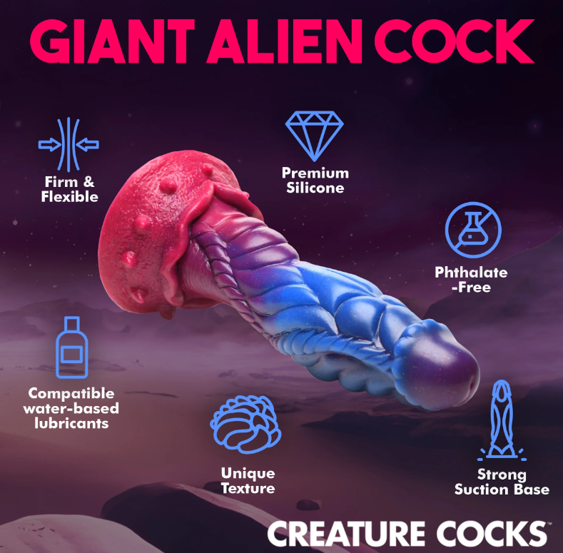 Alien-shaped silicone dildo with suction cup, firm and flexible.