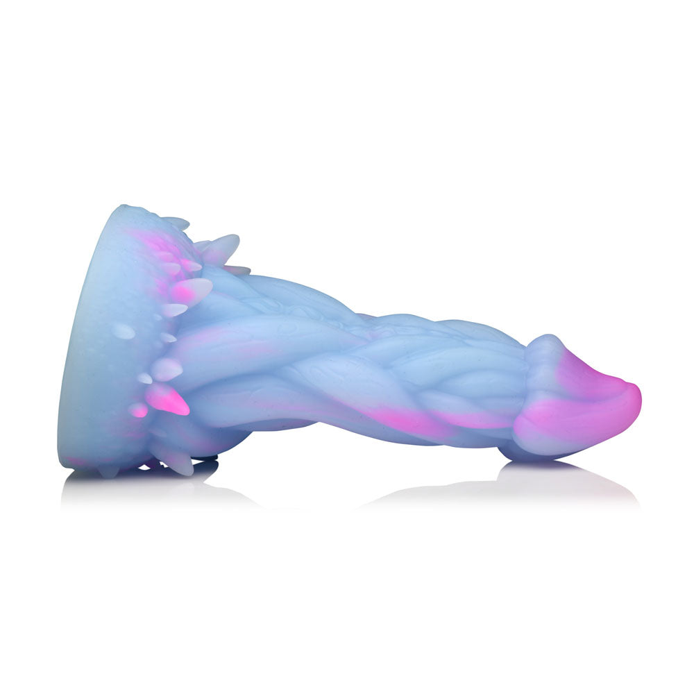 Pale blue and pink silicone dildo with a textured shaft and spiked base.