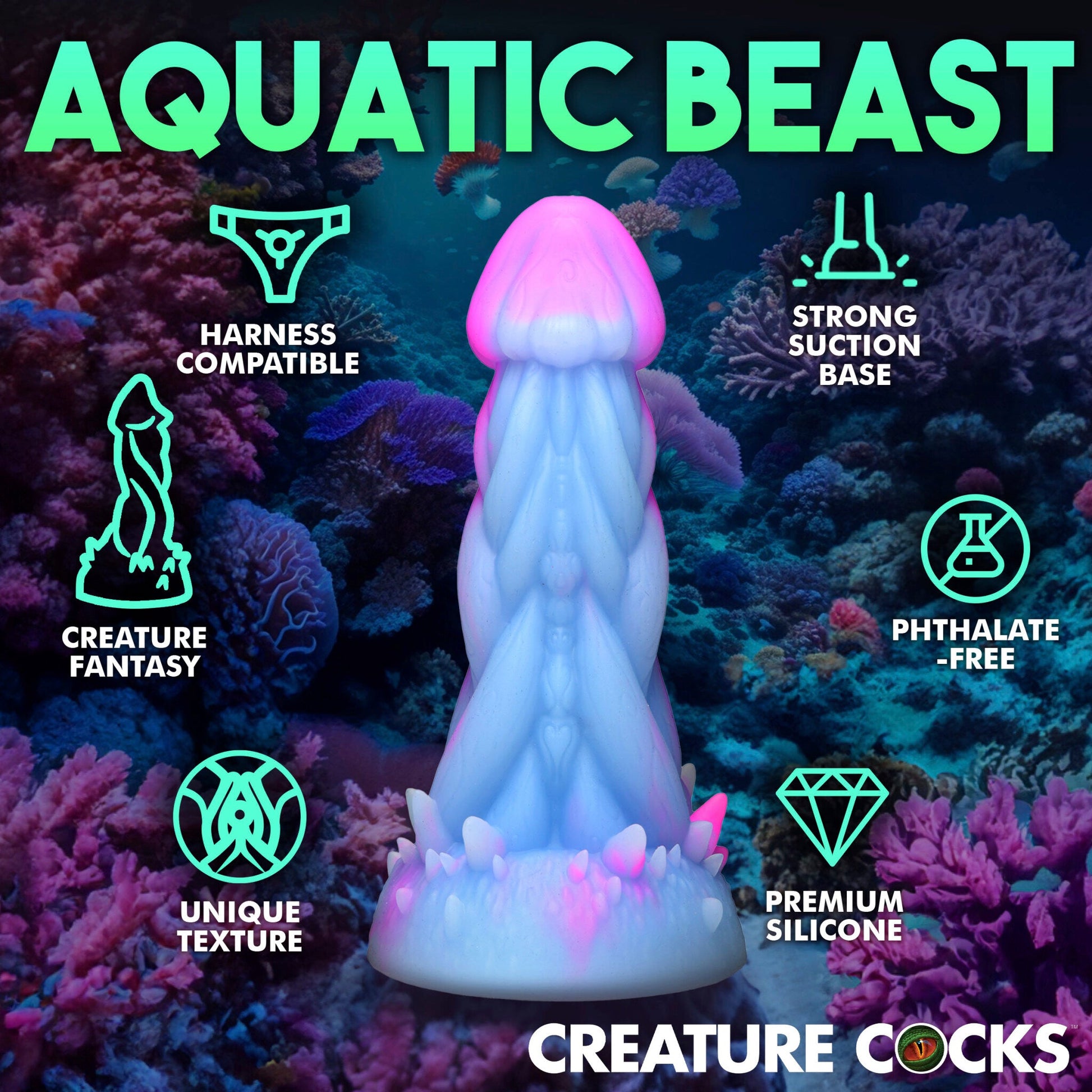 A blue and pink jellyfish-shaped silicone dildo with a suction cup base.