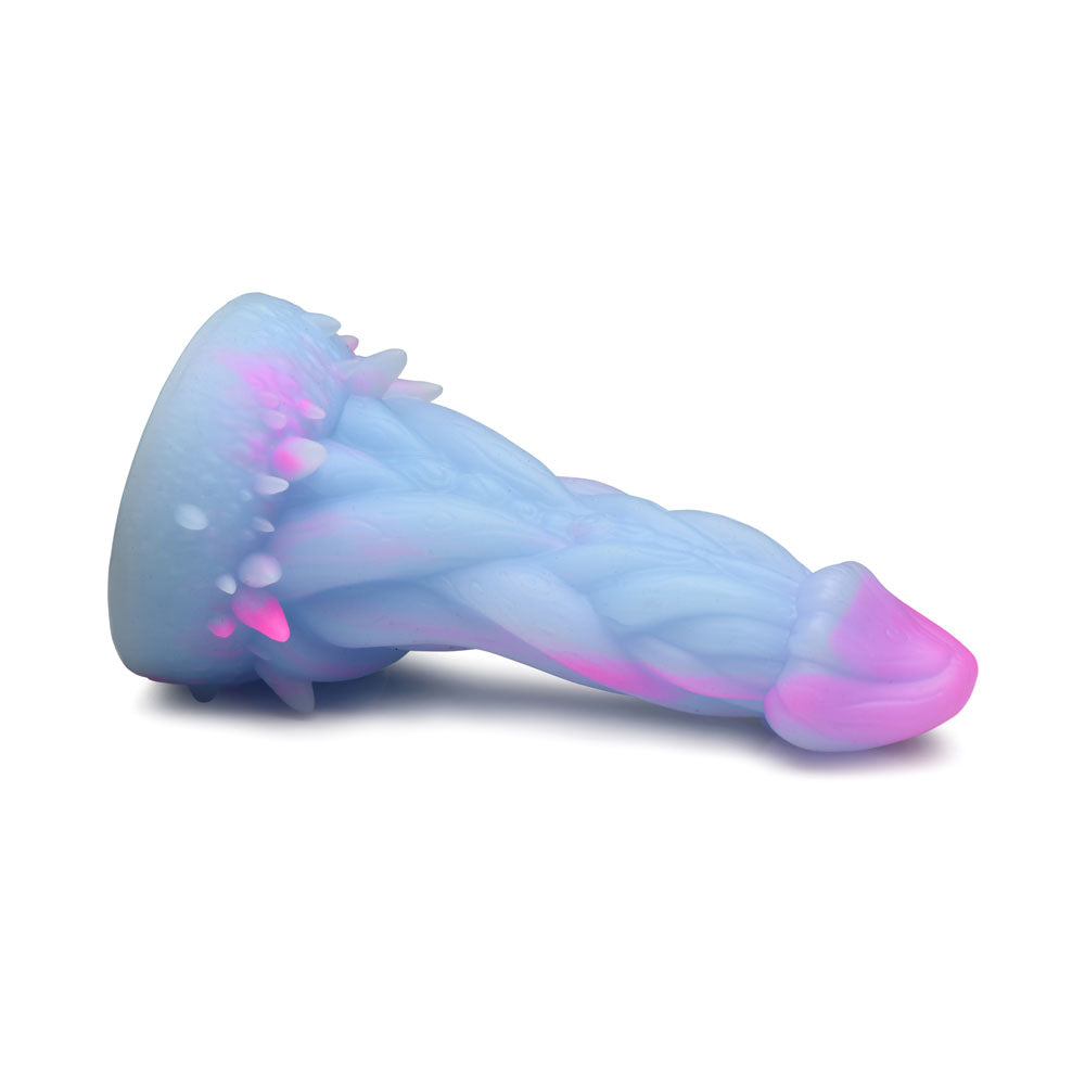 Pale blue and pink silicone dildo with textured shaft and spiked base.
