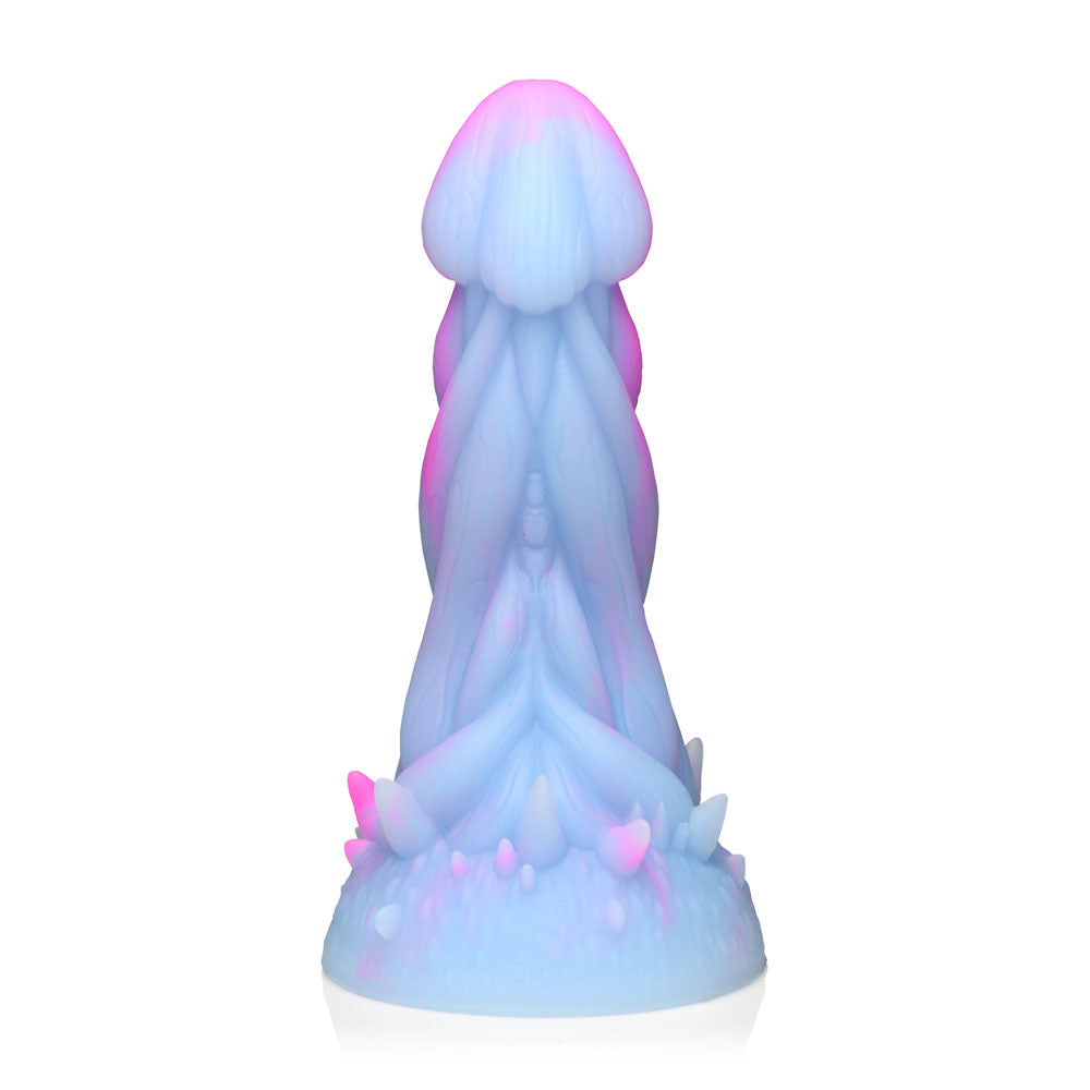 A blue and pink silicone dildo with a mushroom-shaped head and spiked base.