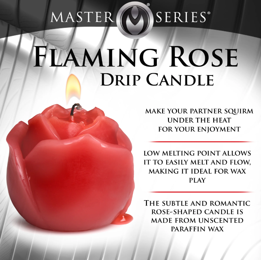 A red rose-shaped drip candle with a lit wick.