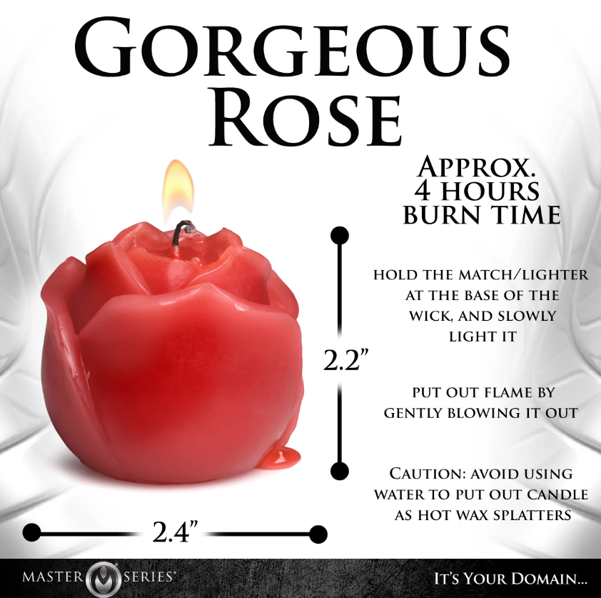 Red rose-shaped candle with burn time and dimension information.