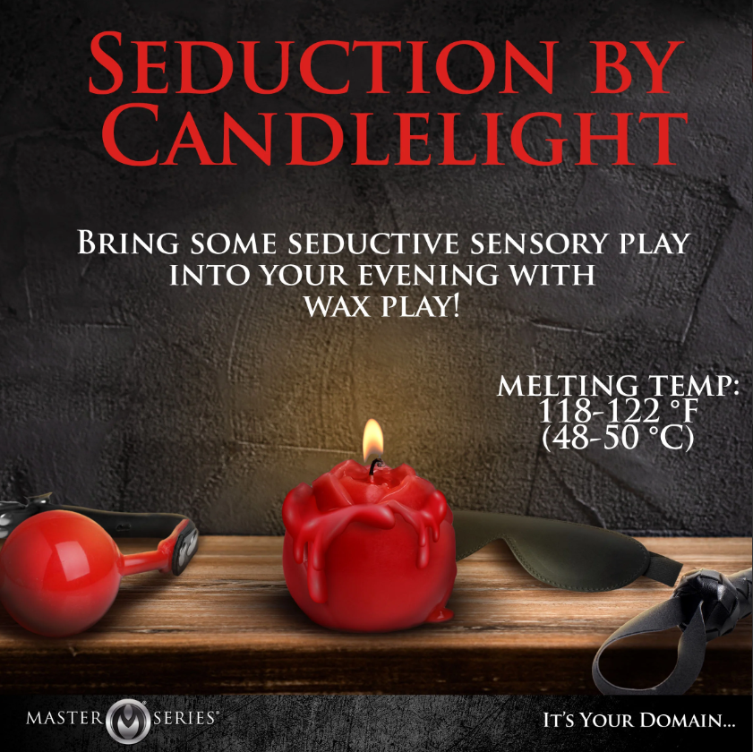 Red rose-shaped candle with melting wax, a blindfold, and a flogger.