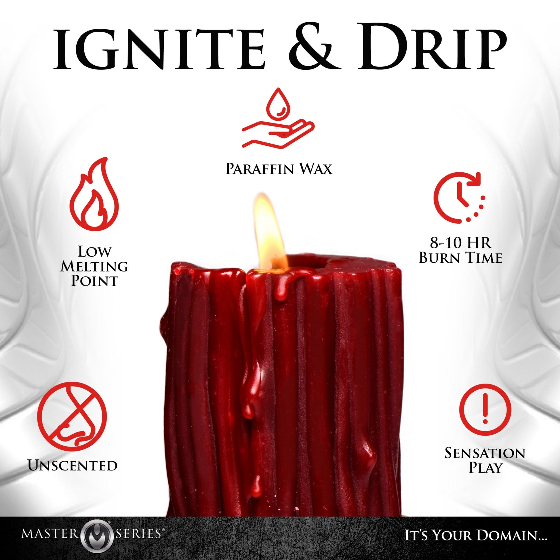 A red paraffin wax pillar candle with a low melting point and 8-10 hour burn time.