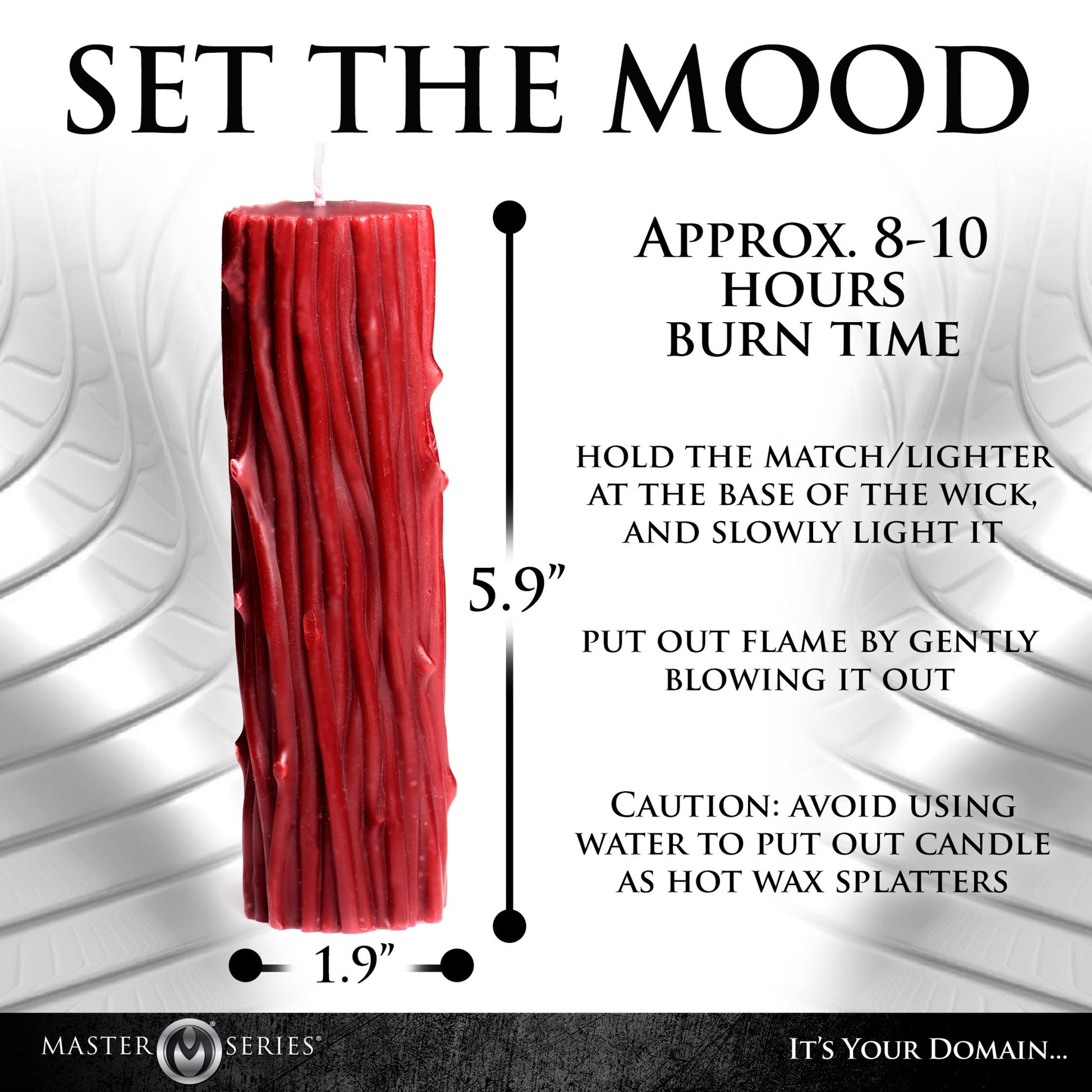 A red thorn pillar drip candle with dimensions and burn time indicated.