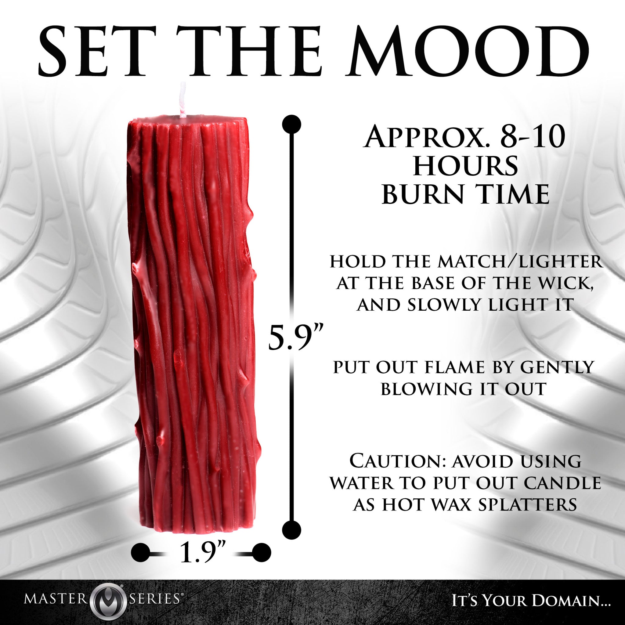 A red thorn pillar drip candle with dimensions and burn time indicated.