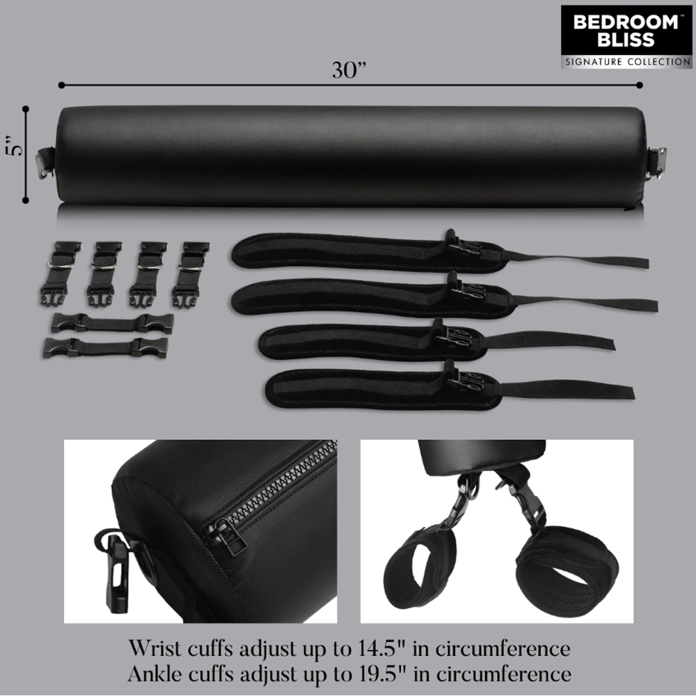 Padded spreader bar with vegan leather wrist and ankle cuffs.