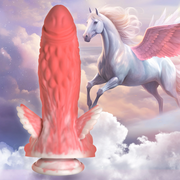 A pink dildo with wings and a suction cup base, next to a white Pegasus.