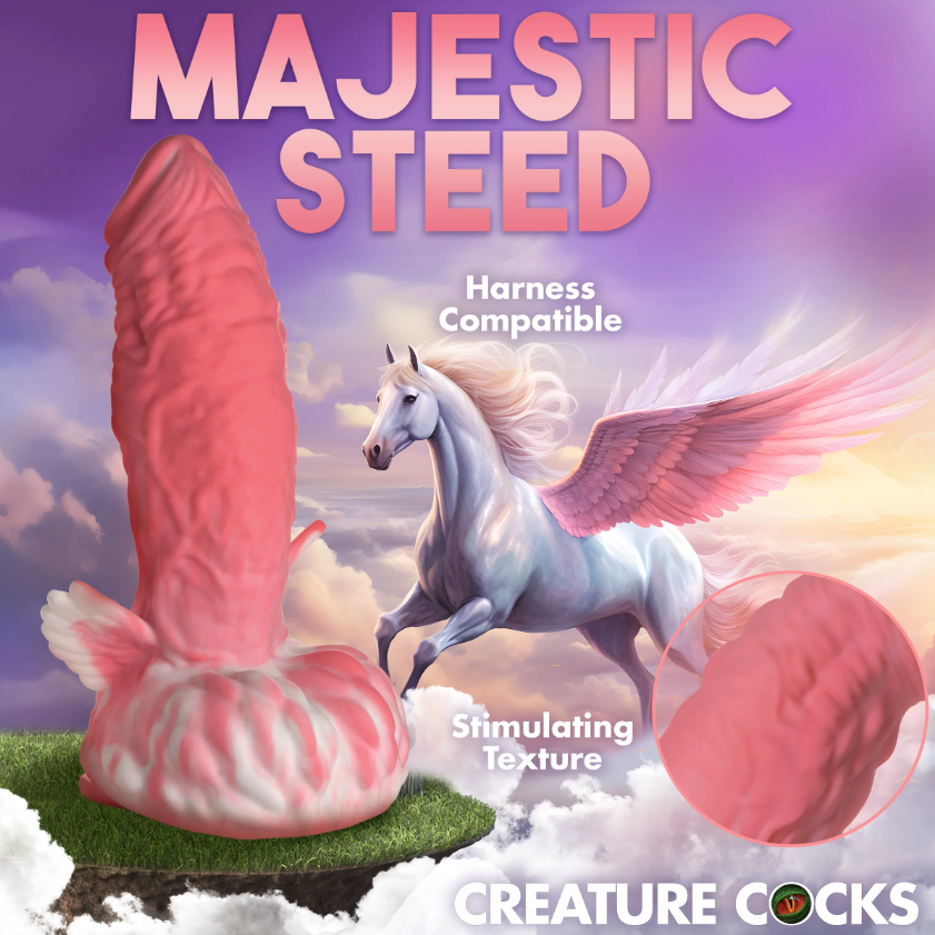Pink and white striped dildo with Pegasus wings and a suction cup base.