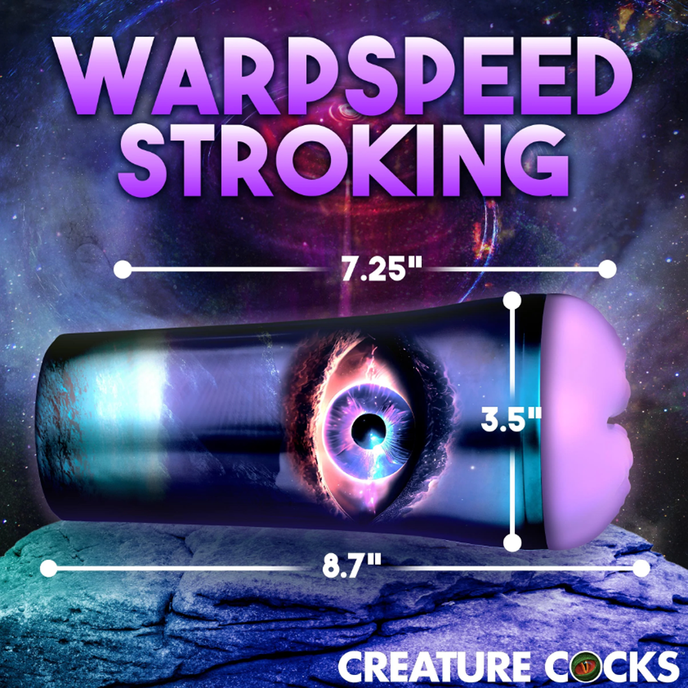 A fantasy stroker with a wormhole alien design, measuring 7.25 inches in length and 3.5 inches in diameter.