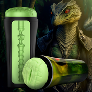 Textured green reptile fantasy stroker with black case.