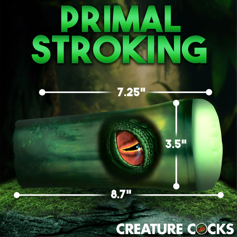 A green reptile-themed stroker with a textured interior and a glowing end.