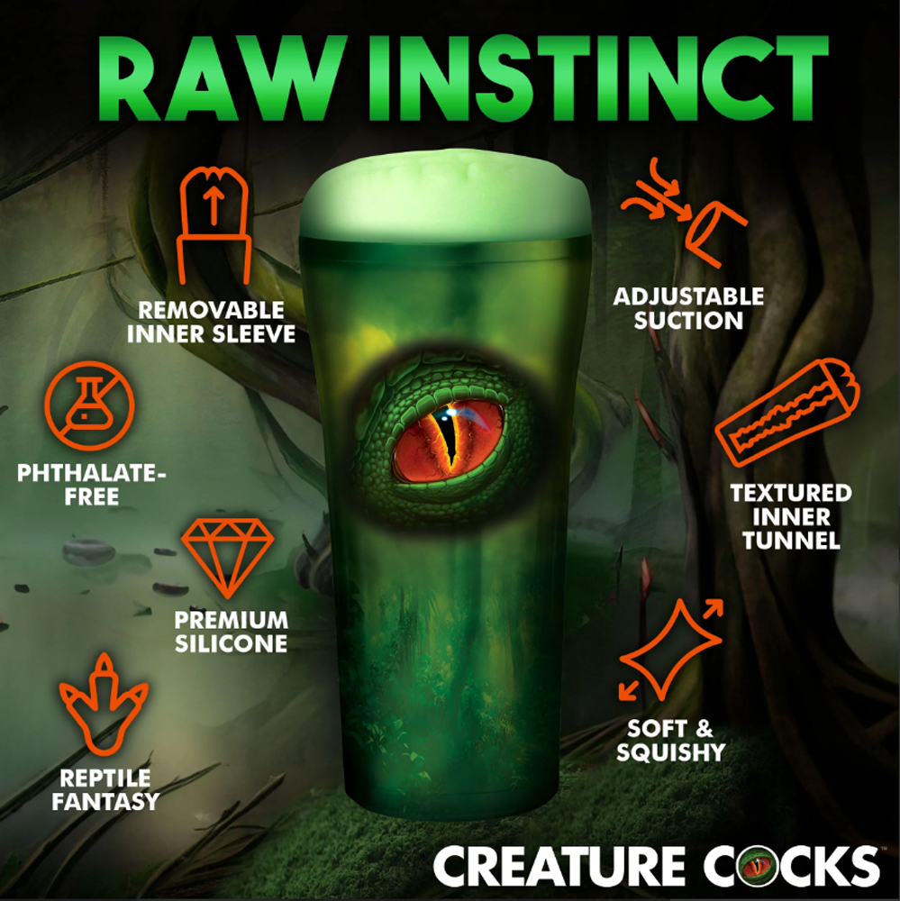 A green reptile fantasy stroker with a textured inner tunnel and adjustable suction.