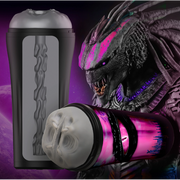 Gray TPE masturbator with a creature-like opening and a Predator-themed sleeve.