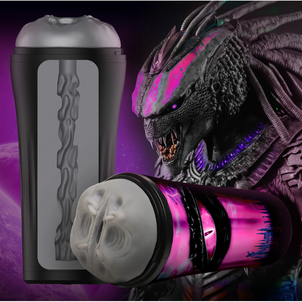 Gray TPE masturbator with a creature-like opening and a Predator-themed sleeve.
