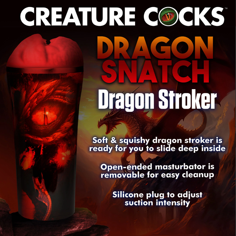 A red dragon-themed masturbator with a dragon eye design and adjustable suction.
