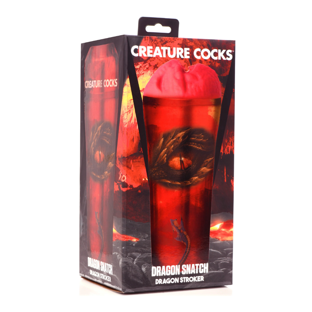 Box for a dragon-themed masturbator with a red interior and dragon eye graphic.