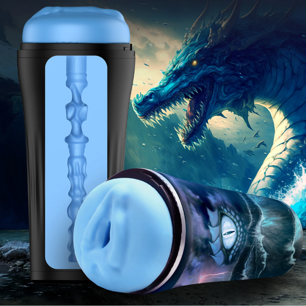 Blue textured stroker with a sea monster design and a dragon background.
