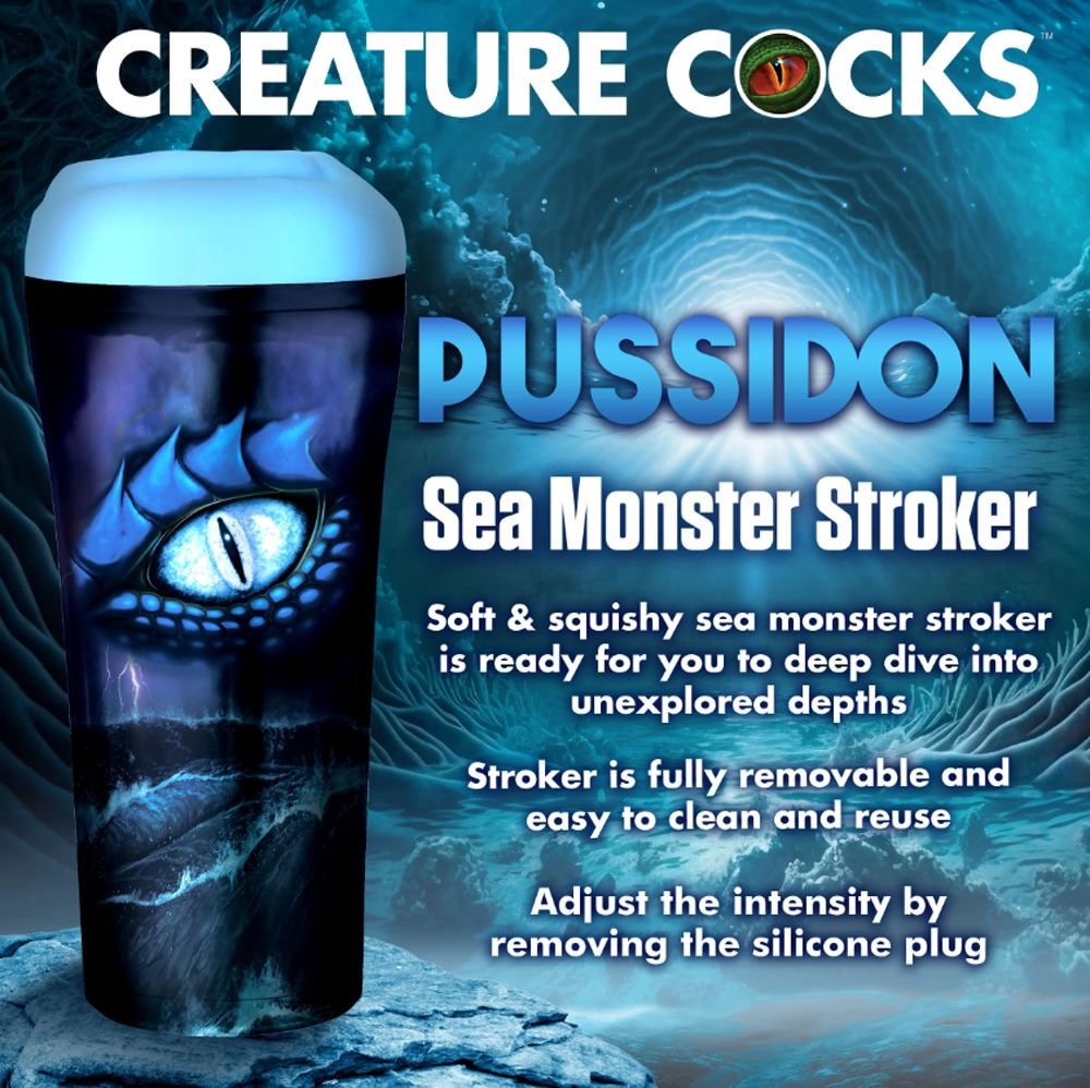A blue sea monster stroker with a dragon eye design.