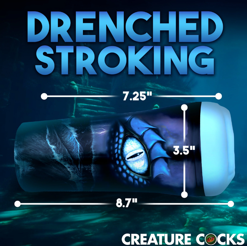 A blue sea monster stroker with textured interior, 7.25 inch insertion depth and 3.5 inch width.