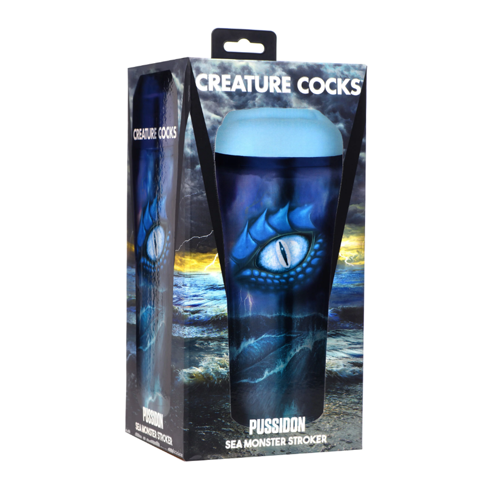 Pussidon Sea Monster Fantasy Stroker in packaging with a blue lid and dragon eye design.