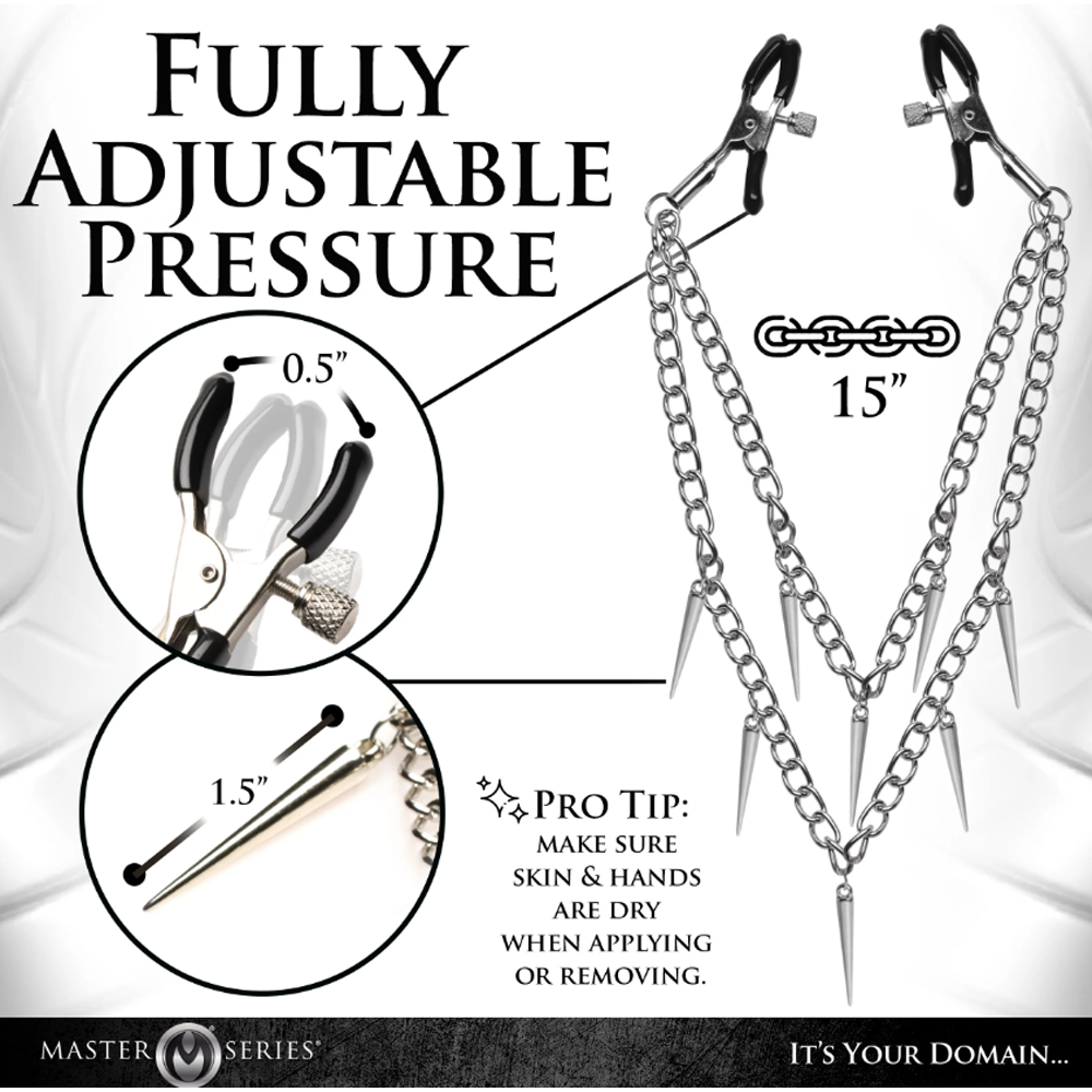 Master Series daggers double chain nipple clamps with spikes and adjustable pressure.