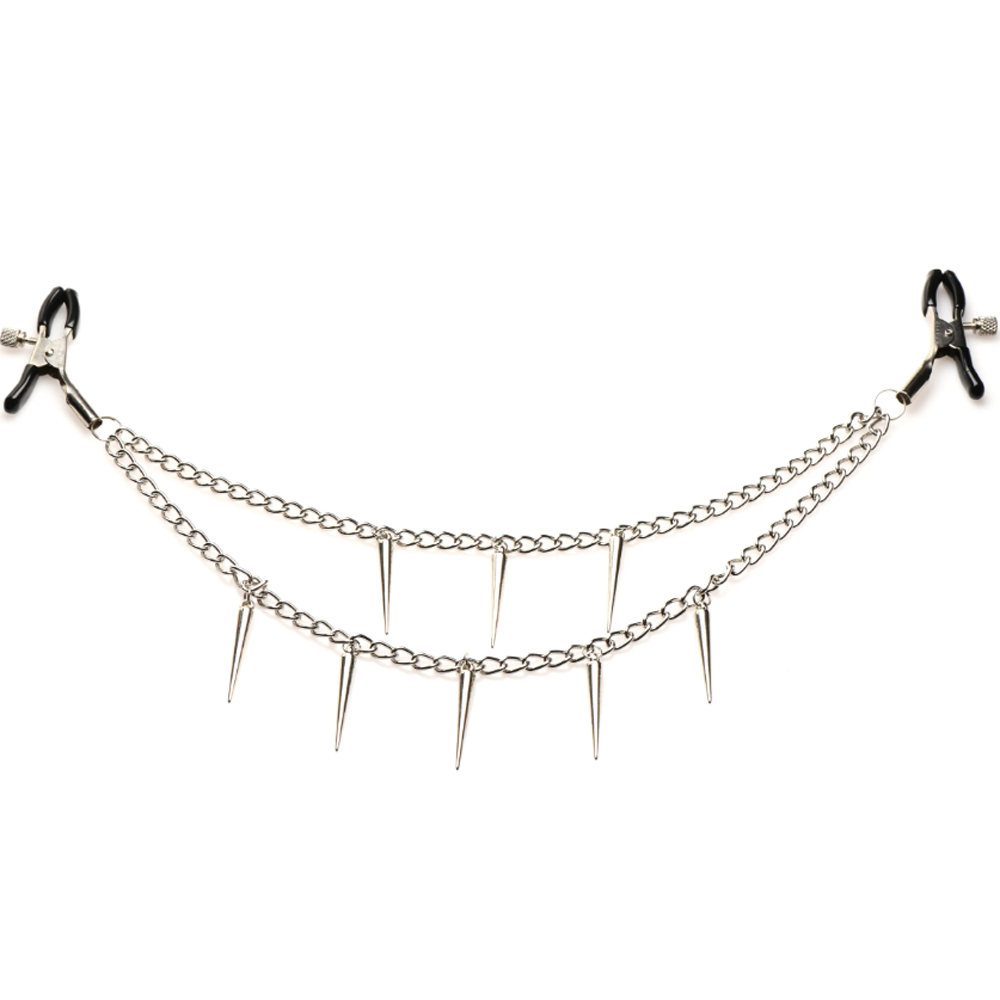 Silver double chain nipple clamps with spikes and adjustable pressure.