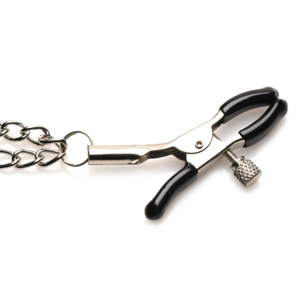 Silver and black nipple clamps with a double chain and adjustable screw.