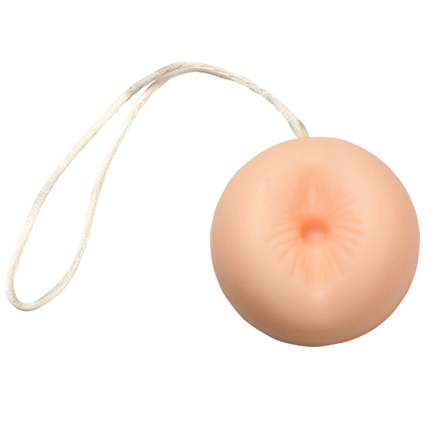Peach-scented butt plug shaped soap on a rope.