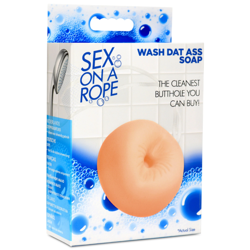 Peach-scented soap on a rope shaped like a butt plug.