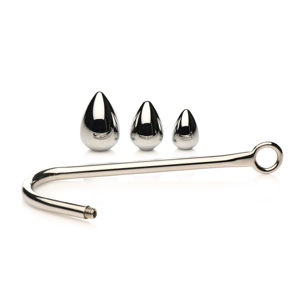 Three graduated metal plugs and a curved hook with an O-ring.