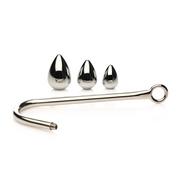 Three graduated metal plugs and a curved hook with an O-ring.