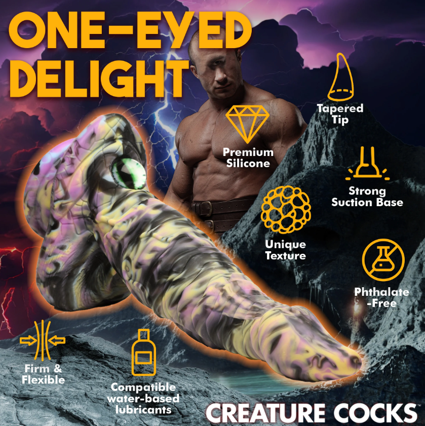 A fantasy dildo with a cyclops eye, tapered tip, and suction cup base.