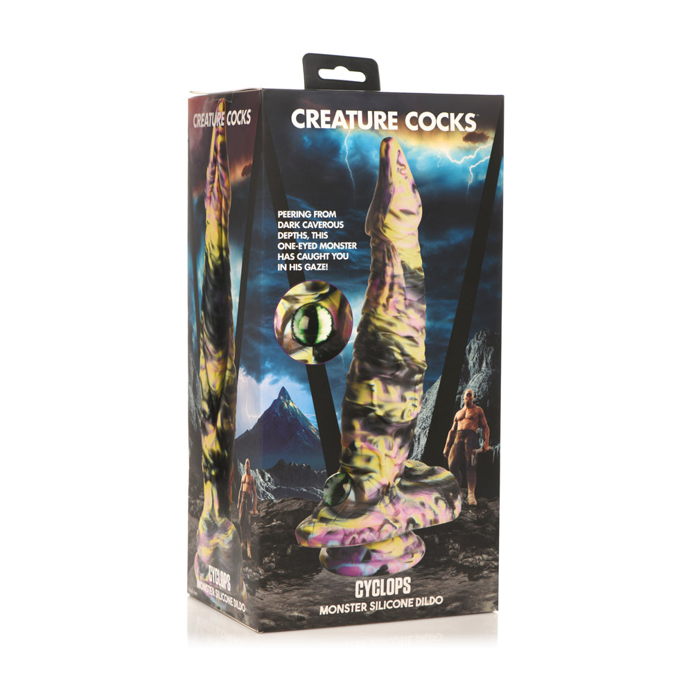 A fantasy dildo with a cyclops eye design and a suction cup base.