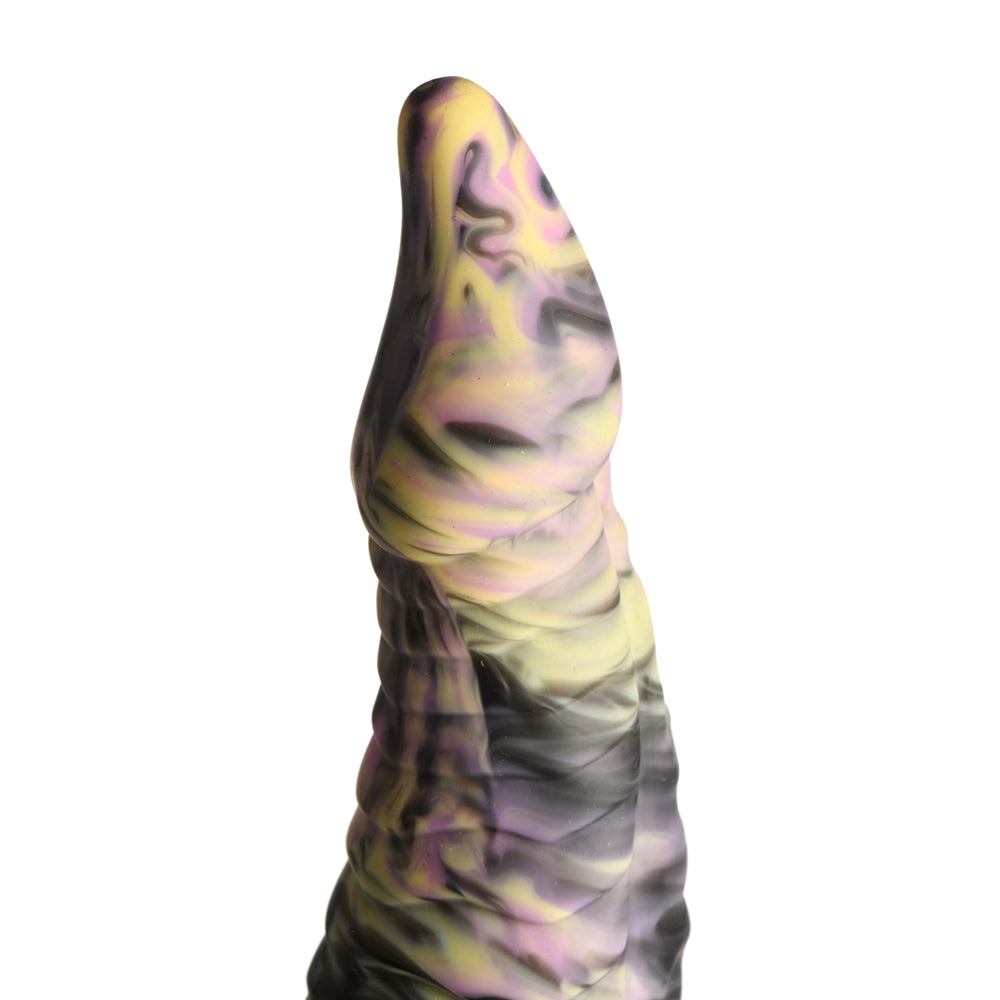 A fantasy dildo with a tapered, textured shaft in yellow, pink, and black swirls.
