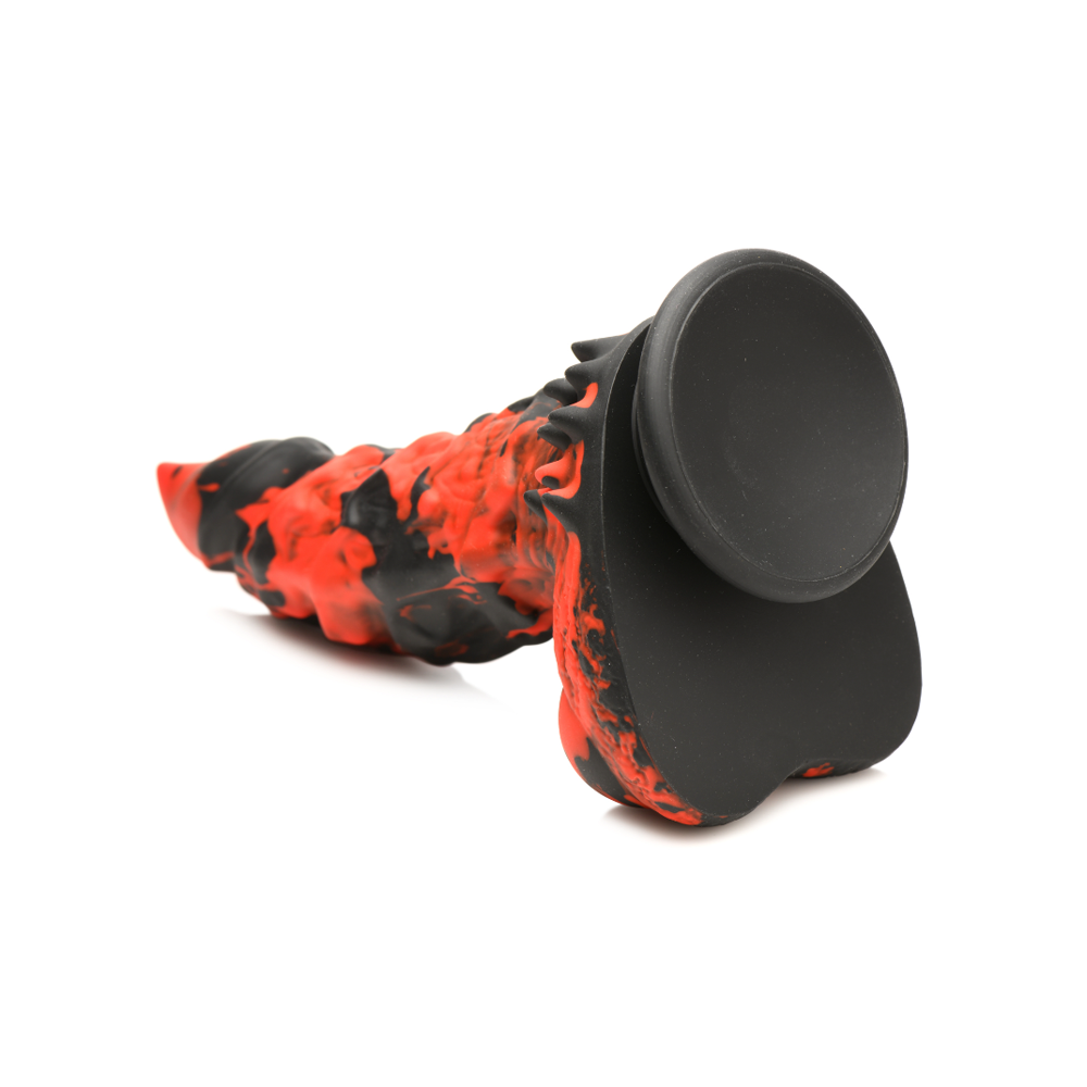 Red and black textured silicone dildo with a suction cup base.