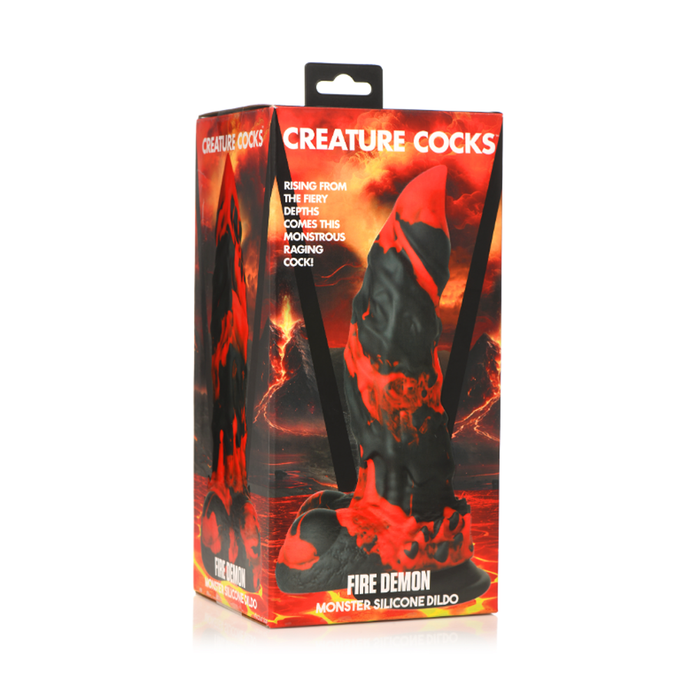 Fire Demon textured silicone dildo with red and black fiery design.