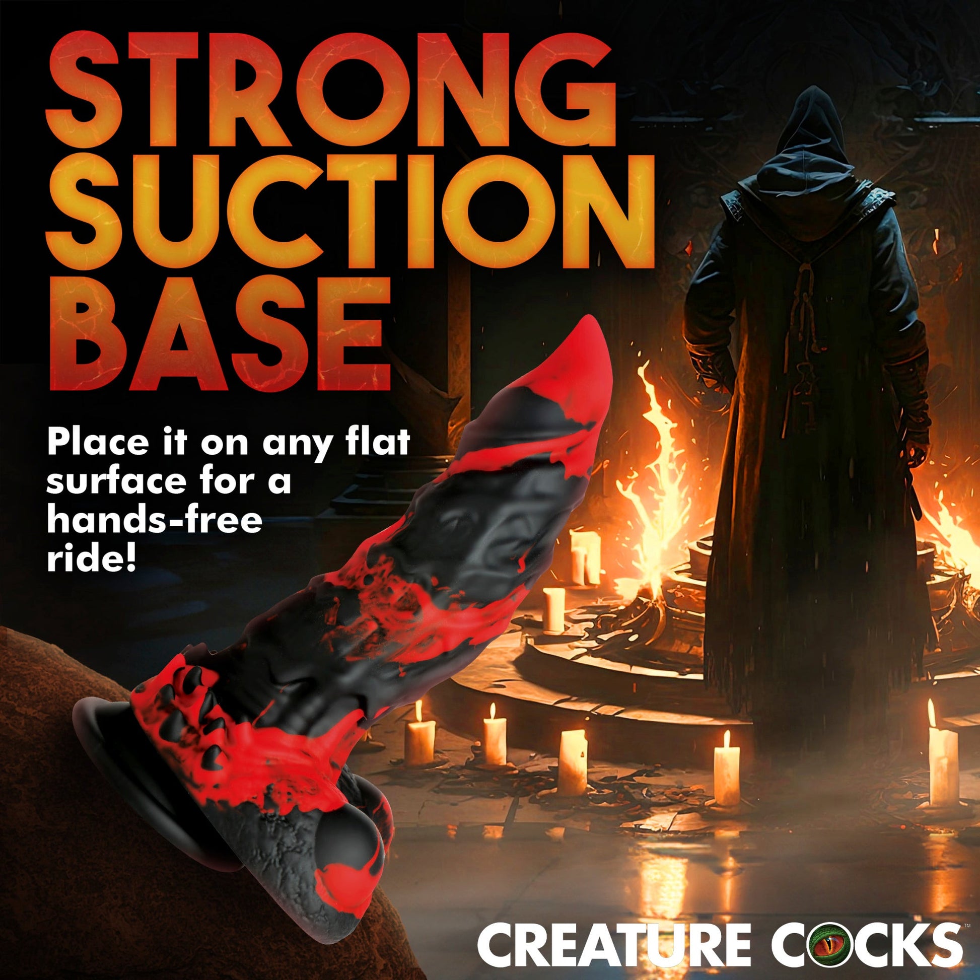 Fire Demon textured silicone dildo with suction cup base.