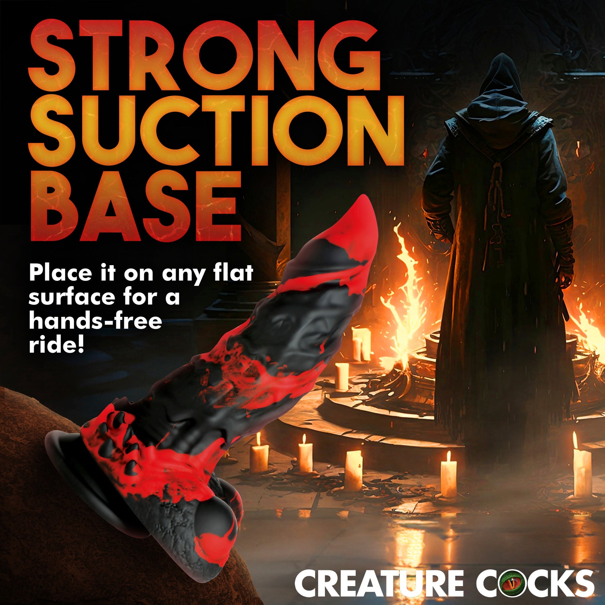 Fire Demon textured silicone dildo with suction cup base.