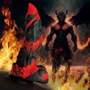 Black and red textured silicone dildo with a suction cup base and a demon in the background.