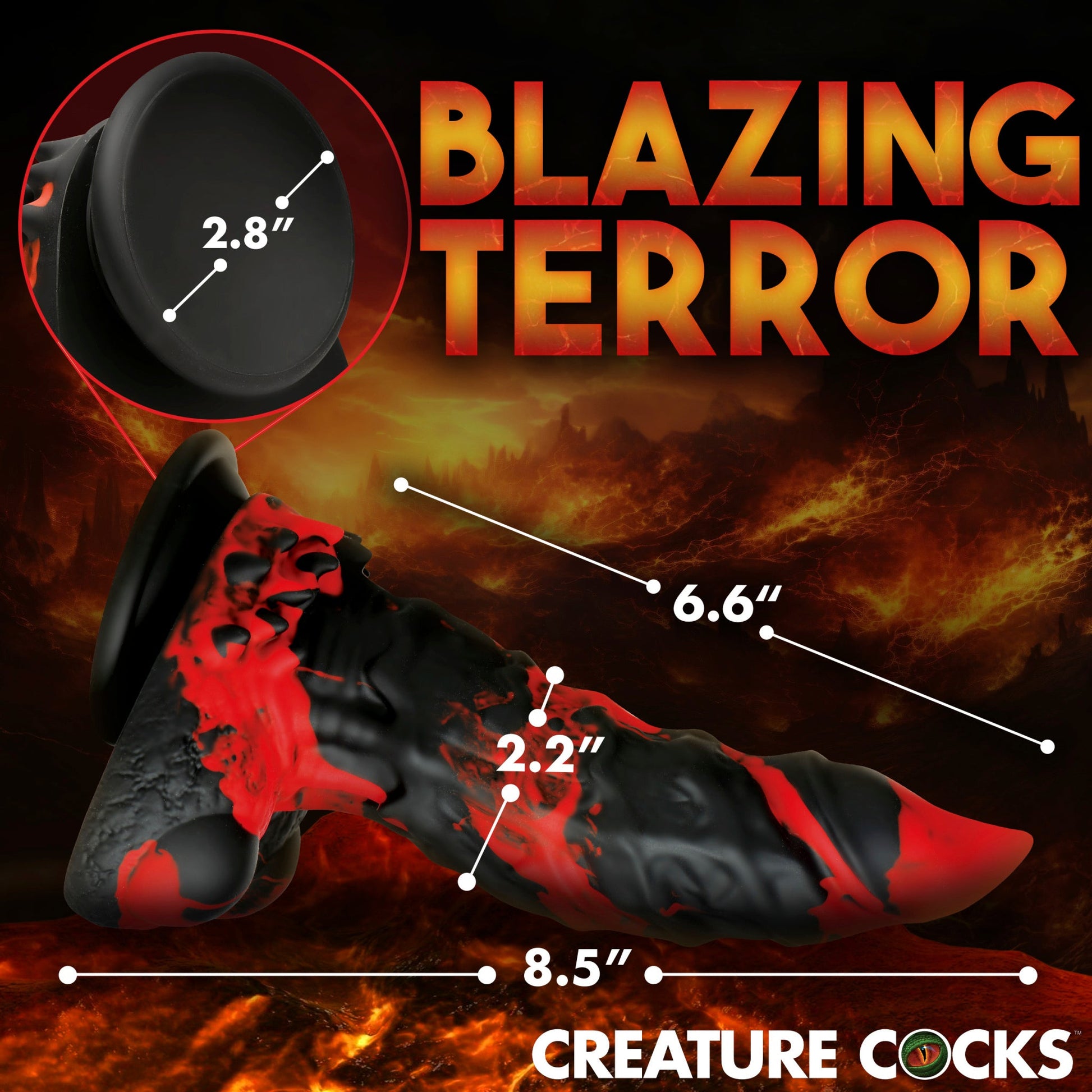 Black and red textured dildo with suction cup base and size indicators.