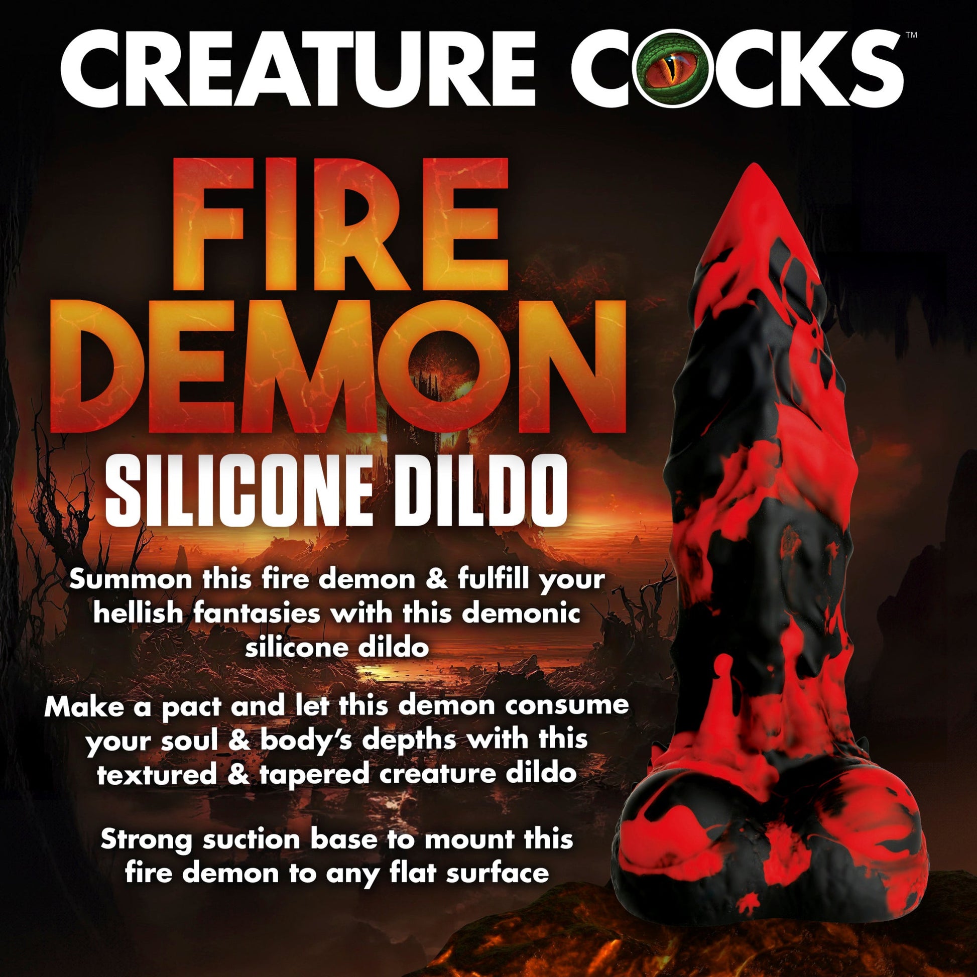 Fire Demon textured silicone dildo with a suction cup base.
