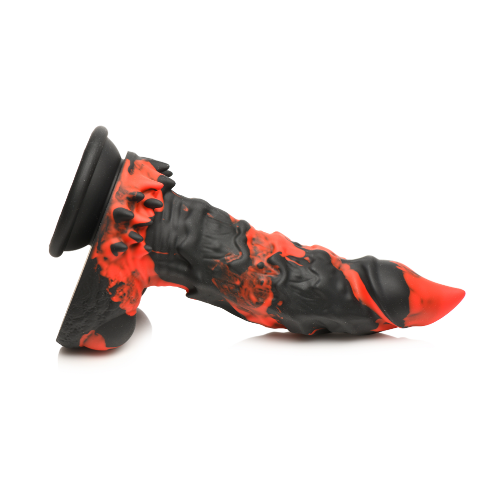 Red and black textured silicone dildo with a suction cup base.
