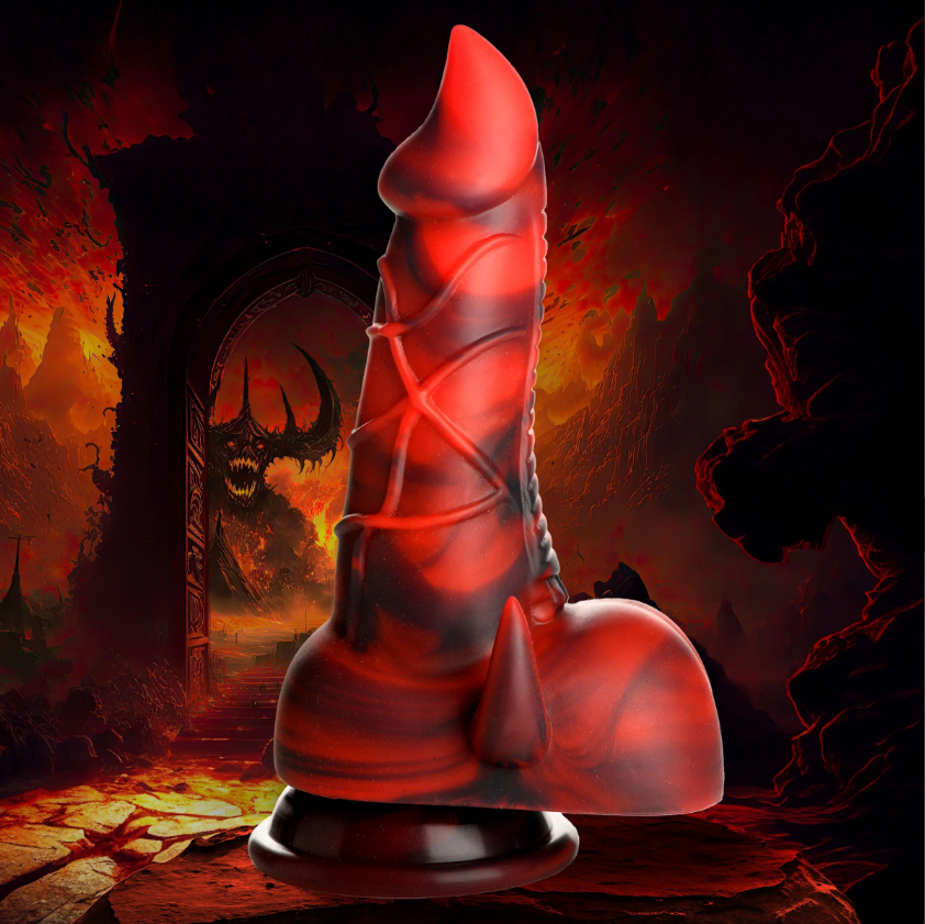 Red and black marbled silicone dildo with a suction cup base and demonic design.