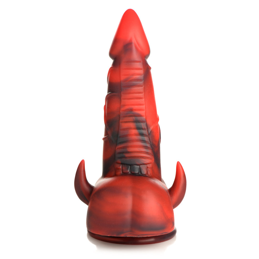 Red and black devil fantasy silicone dildo with horns and suction cup base.
